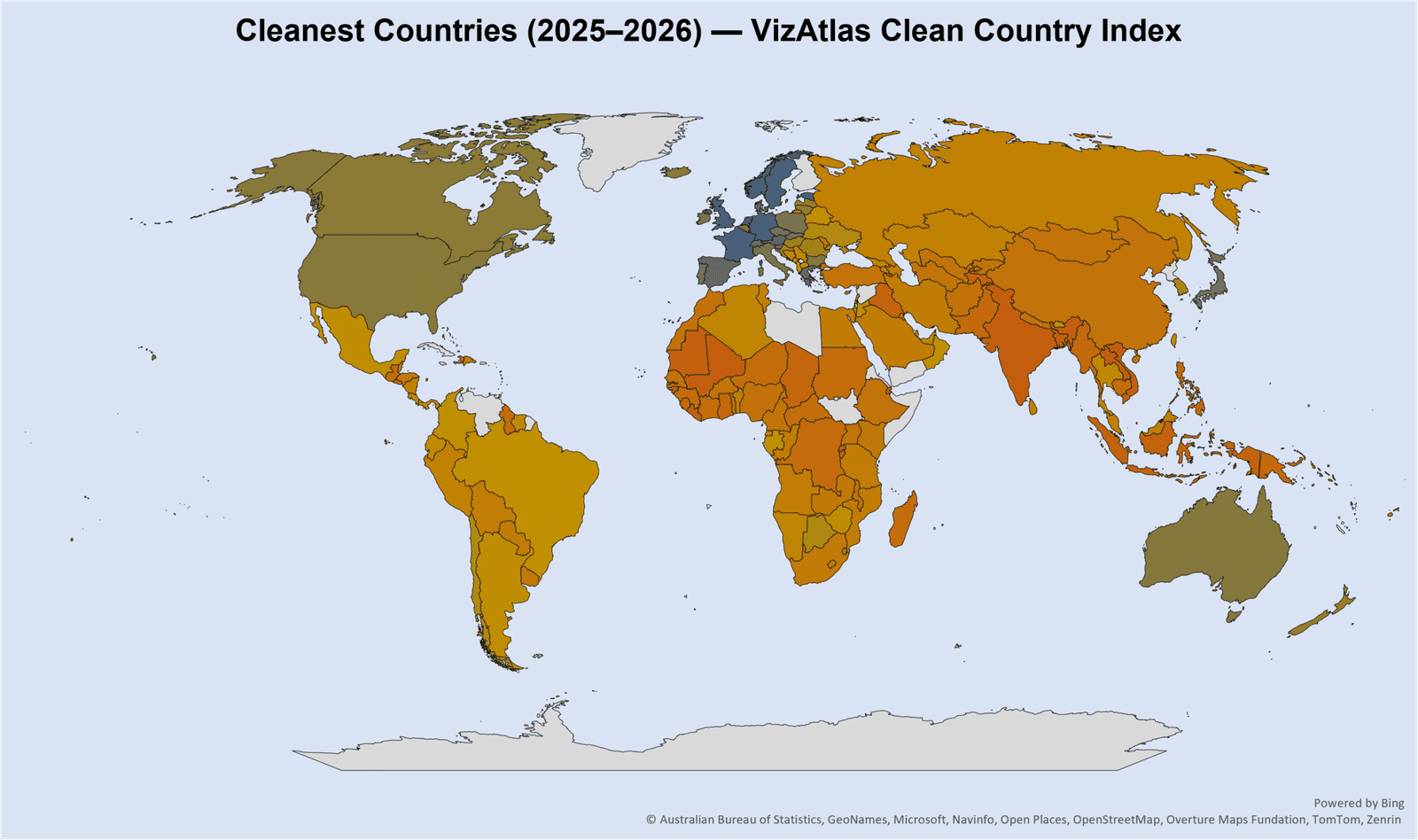Cleanest Countries 2025–2026 – VizAtlas Clean Country Index Map Map of the Cleanest Countries in 2025–2026, showing global environmental cleanliness scores across countries in the VizAtlas Clean Country Index.
