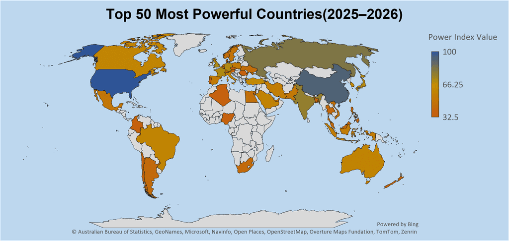 World map showing the Top 50 Most Powerful Countries in 2025–2026, ranked by a Power Index Value from 32.5 to 100.