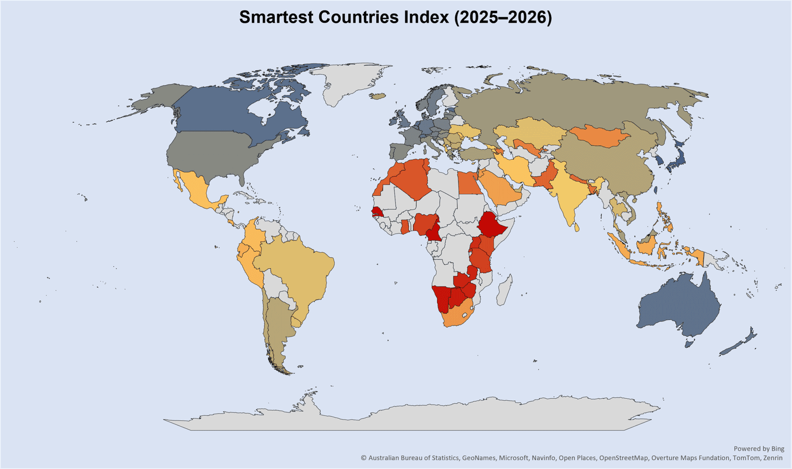 Smartest Countries Index 2025–2026, showing a world map comparing countries by an index based on education and IQ-related proxies.