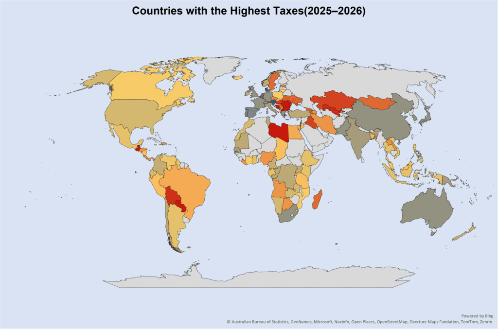 World map showing countries with the highest taxes in 2025–2026, highlighting differences in tax levels across Europe, Asia, Africa, the Americas, and Oceania.
