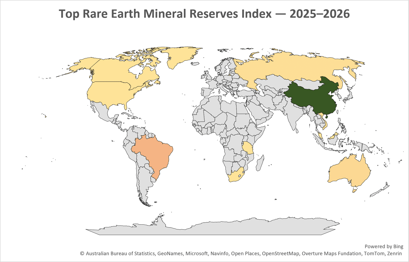 Top Rare Earth Mineral Reserves Index 2025–2026, showing a world map comparing countries by rare earth mineral reserves and highlighting major resource-holding nations.