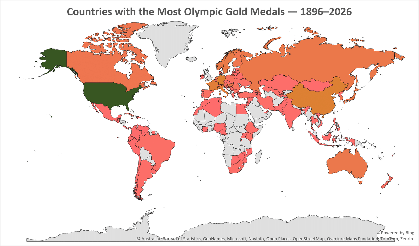 Countries with the most Olympic gold medals, 1896–2026, shown on a world map highlighting national Olympic gold medal totals.