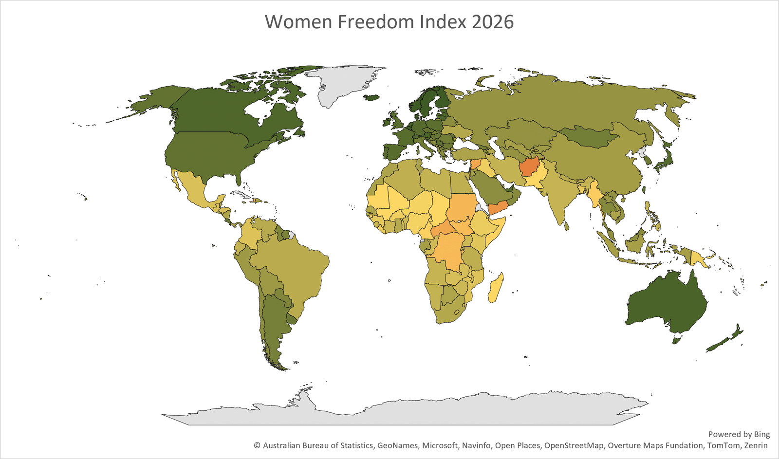 Women Freedom Index 2026 world map showing country-level differences in women’s freedom, rights, autonomy, safety, and legal equality.