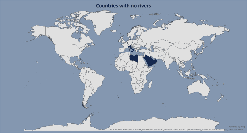 World map showing countries with no permanent rivers, highlighting riverless countries across the Middle East, North Africa, and other regions.