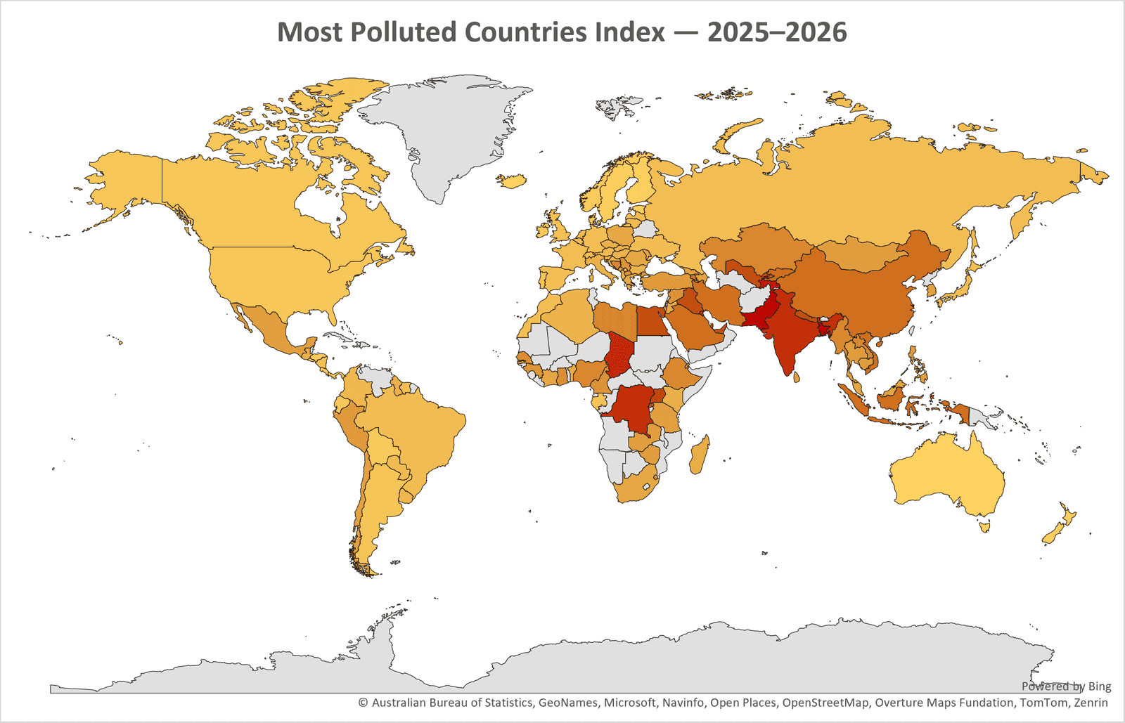 Most Polluted Countries Index 2025–2026, showing a world map comparing countries by air pollution levels and highlighting regional differences in global pollution.