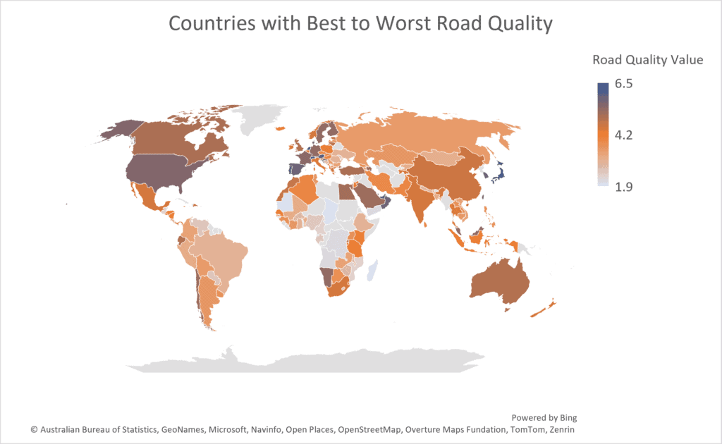 Countries ranked by best to worst road quality, shown on a world map with road quality values from 1 to 7 for 2025–2026.