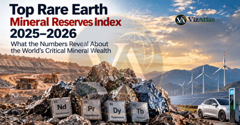 Top Rare Earth Mineral Reserves Index 2025–2026, featuring rare earth elements such as neodymium, praseodymium, dysprosium, and terbium alongside mining operations and clean energy technologies.