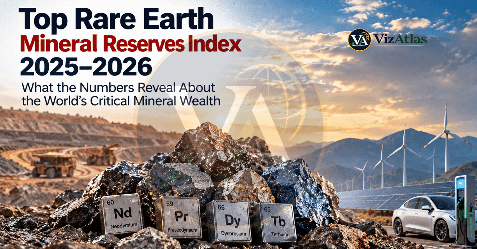 Top Rare Earth Mineral Reserves Index 2025–2026, featuring rare earth elements such as neodymium, praseodymium, dysprosium, and terbium alongside mining operations and clean energy technologies.