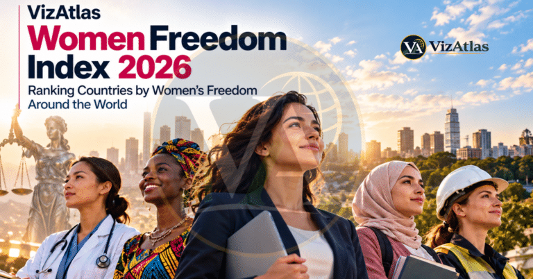 VizAtlas Women Freedom Index 2026 graphic showing diverse women in professional roles, representing women’s freedom, rights, equality, opportunity, and autonomy around the world.