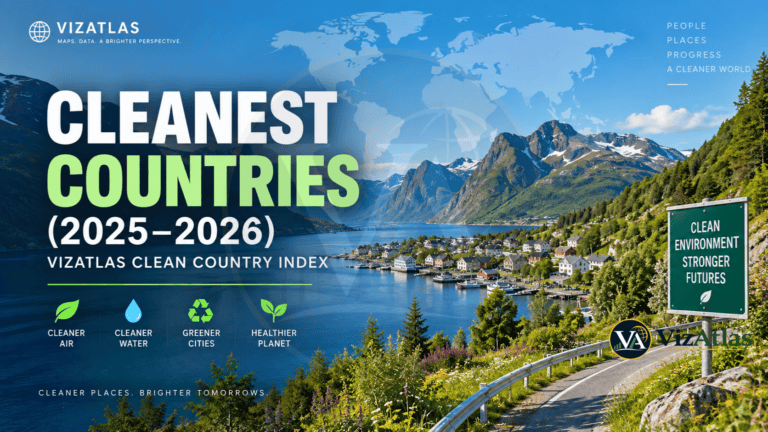 Cleanest Countries 2025–2026, featuring the VizAtlas Clean Country Index with a scenic mountain, lake, forest, and clean environment representing cleaner air, cleaner water, greener cities, and a healthier planet.