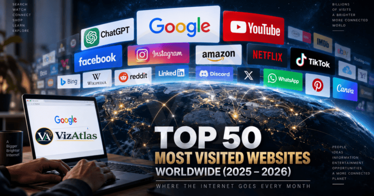 Top 50 most visited websites worldwide in 2025–2026, featuring Google, YouTube, ChatGPT, Facebook, Instagram, Amazon, Netflix, TikTok, Reddit, Wikipedia, WhatsApp, and other leading global websites.