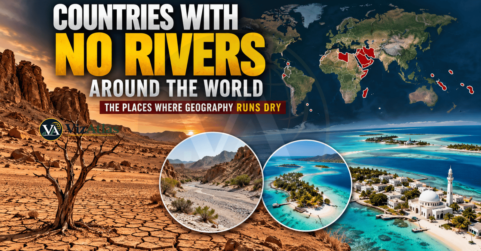 Countries with no rivers around the world, featuring a global map of riverless countries, arid desert landscapes, dry riverbeds, and tropical island environments.