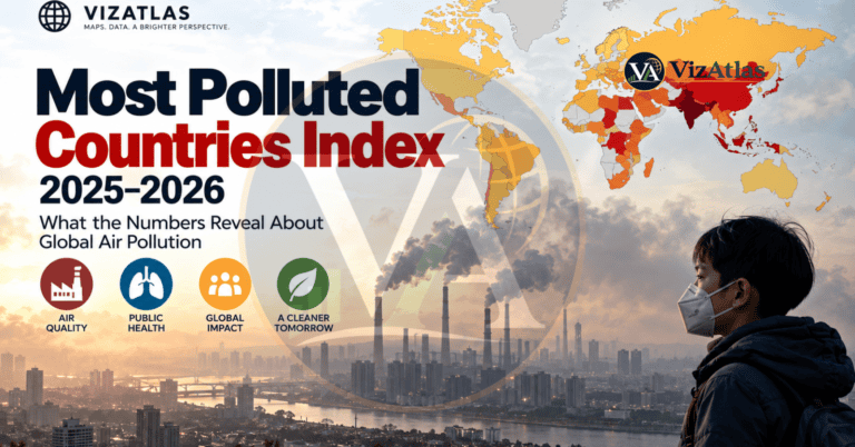 Most Polluted Countries Index 2025–2026, featuring a world map of global air pollution, industrial emissions, polluted cities, air quality, public health, and environmental impact.