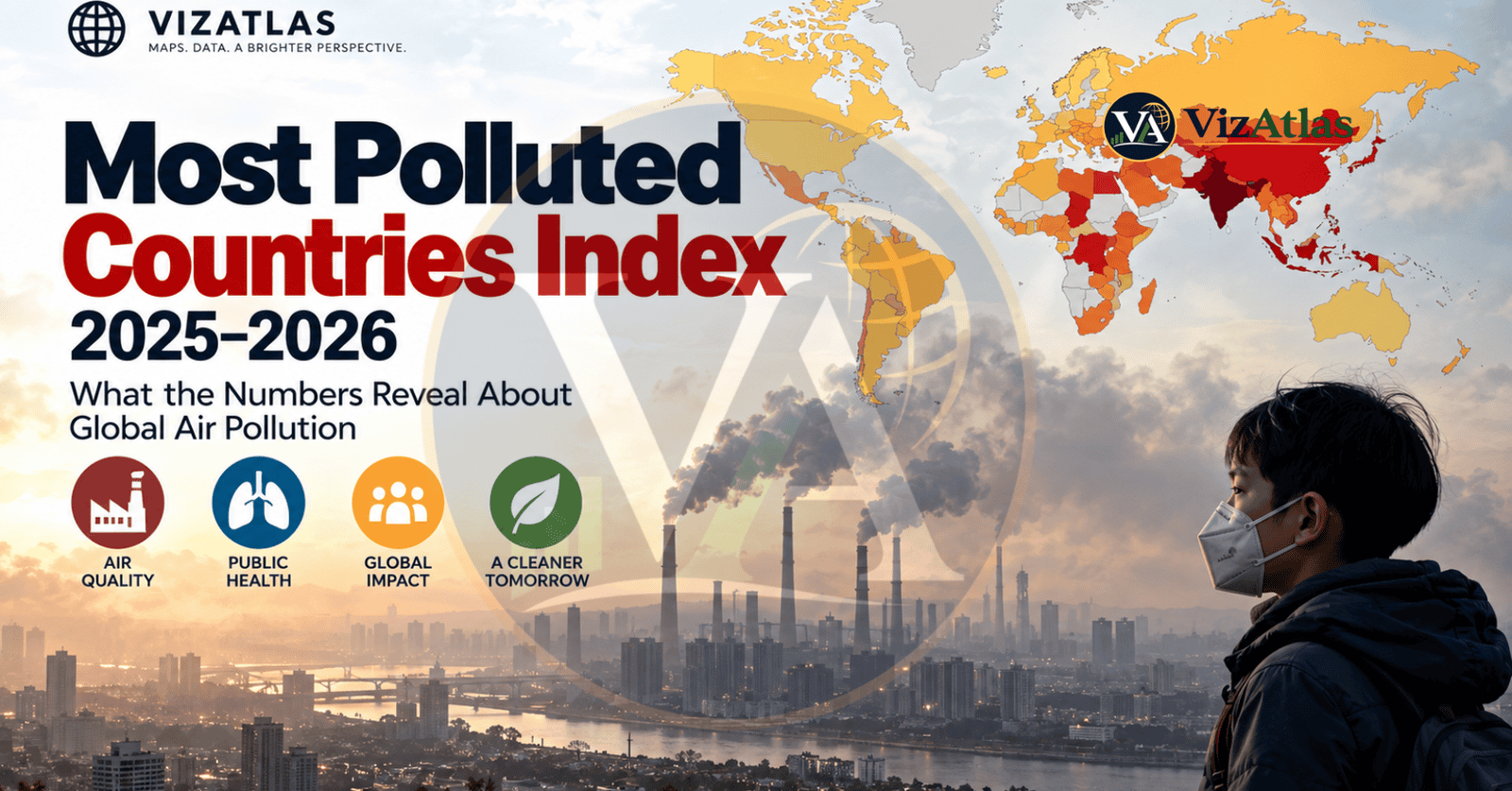 Most Polluted Countries Index 2025–2026, featuring a world map of global air pollution, industrial emissions, polluted cities, air quality, public health, and environmental impact.