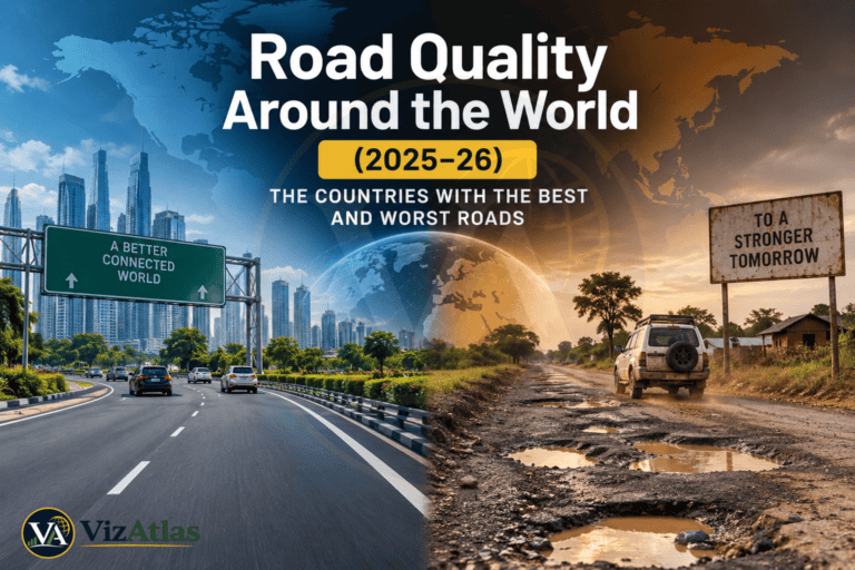 Road quality around the world in 2025–26, contrasting modern high-quality highways and poorly maintained roads with potholes and muddy surfaces.