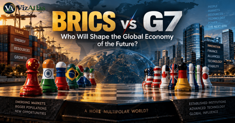 BRICS vs G7 comparison showing emerging markets and established economies, global trade, energy, resources, technology, finance, alliances, and the changing balance of the global economy.