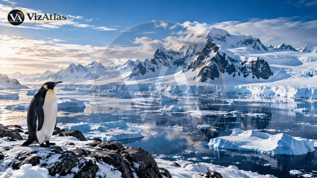 Penguin standing on a rocky Antarctic shoreline overlooking icebergs, sea ice, glaciers, and snow-covered mountains in Antarctica.