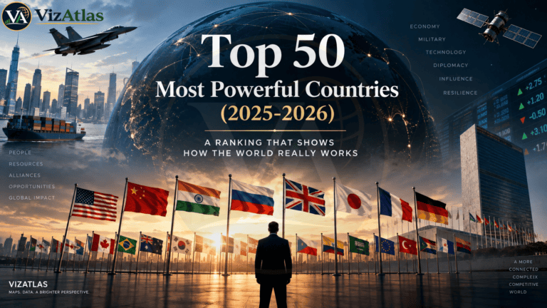 Top 50 most powerful countries in 2025–2026, featuring a global power ranking based on economy, military strength, technology, diplomacy, influence, resources, alliances, and global impact.