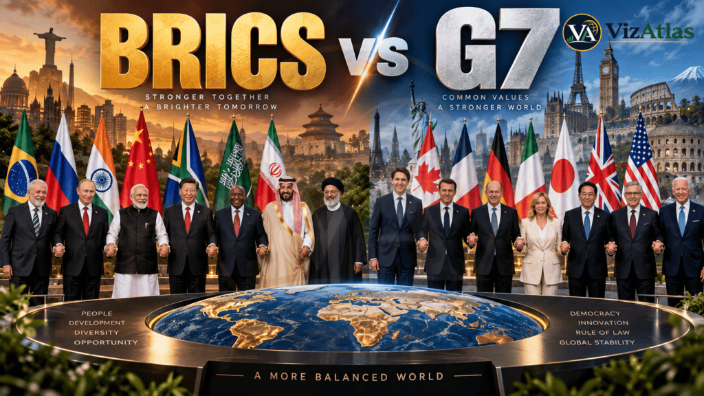 BRICS vs G7 comparison featuring national flags, world leaders, global landmarks, and a glowing world map representing economic power, diplomacy, development, technology, and global influence.