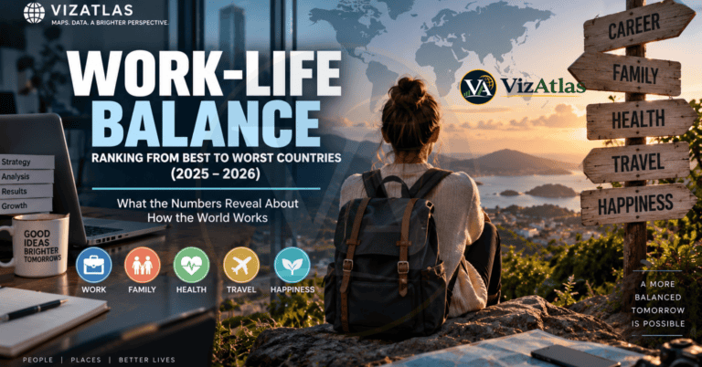 Work-Life Balance ranking of countries in 2025–2026, illustrating the balance between work, family, health, travel, and happiness with a professional and lifestyle-themed global scene.