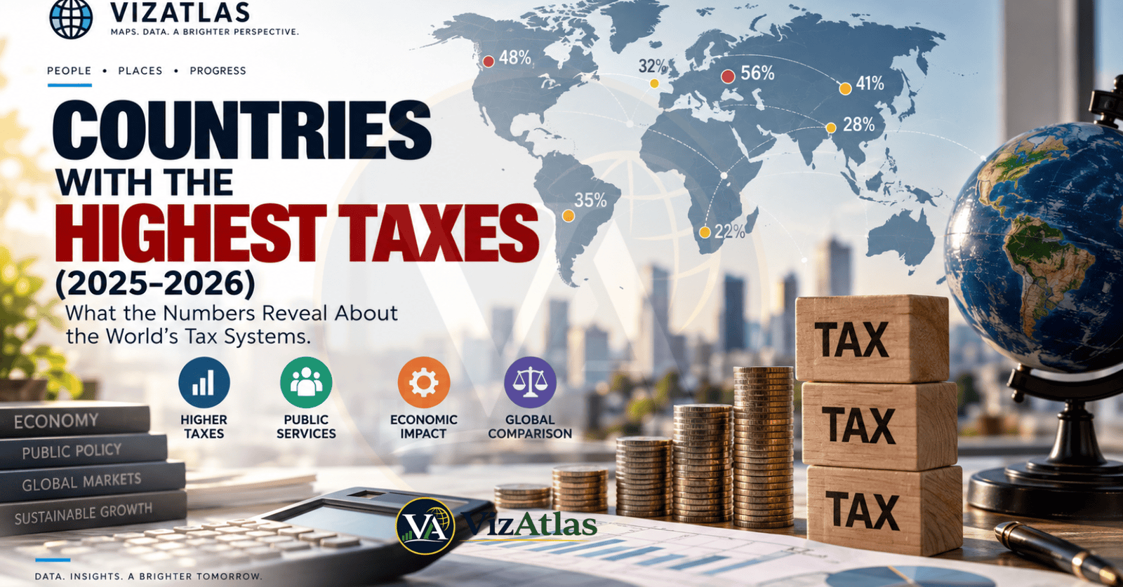 Countries with the highest taxes in 2025–2026, featuring a world map, tax rate comparisons, stacked tax blocks, coins, financial charts, and global tax system indicators.