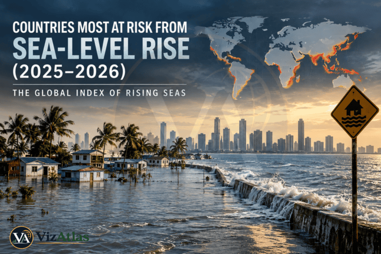 Flooded coastal city with rising seawater, storm waves, and a world map highlighting countries at risk from sea-level rise in 2025–2026.