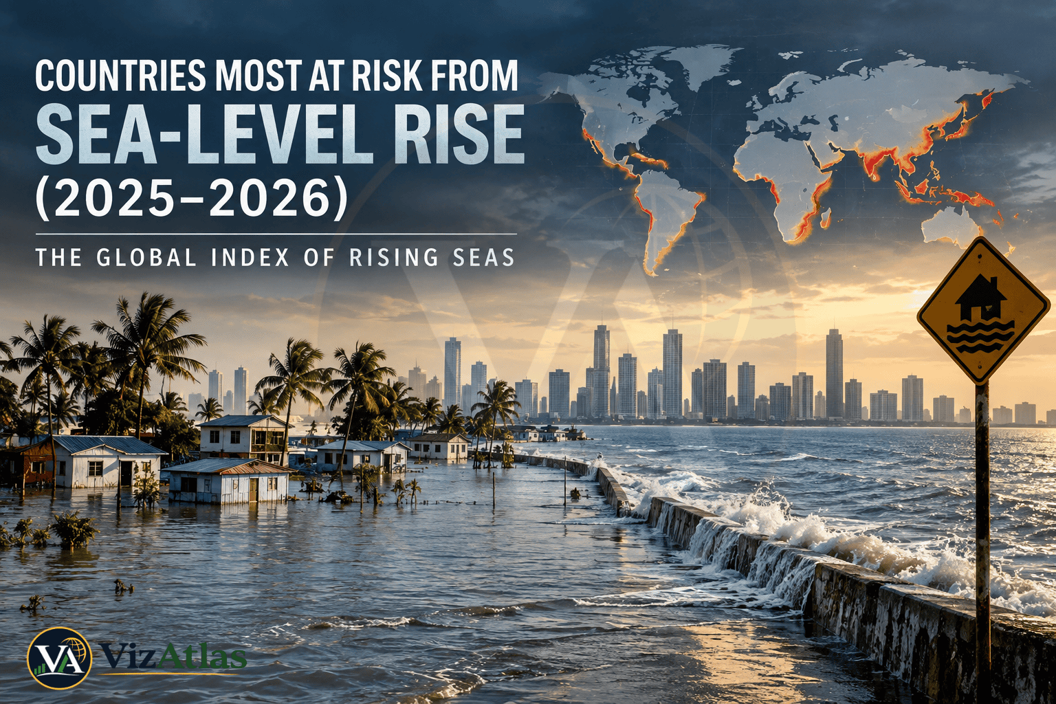 Flooded coastal city with rising seawater, storm waves, and a world map highlighting countries at risk from sea-level rise in 2025–2026.