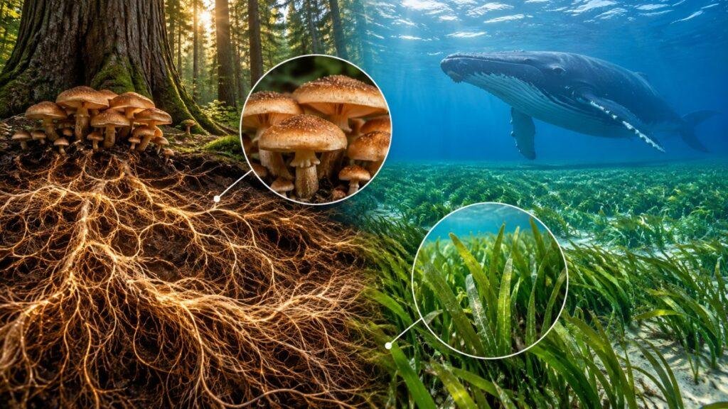 Largest living organisms on Earth illustrated through forest fungi, underground fungal networks, giant whales, and seagrass ecosystems, showing the hidden scale of nature.