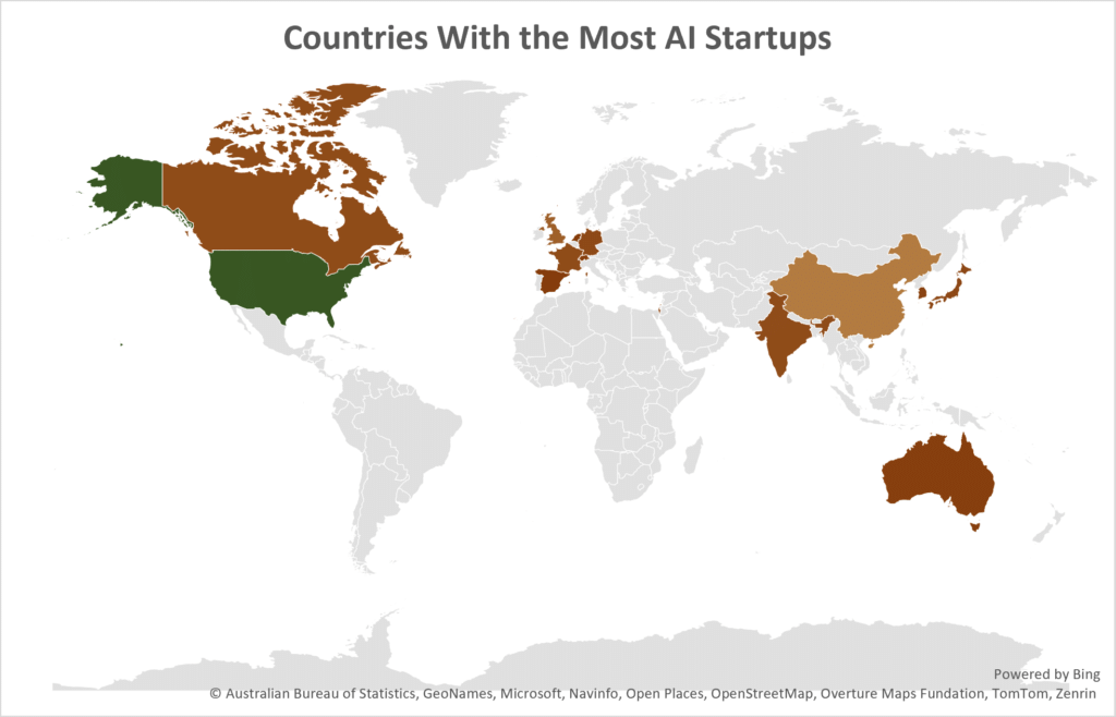 World map showing countries with the most AI startups, highlighting major artificial intelligence startup hubs including the United States, United Kingdom, Canada, France, Germany, China, India, Japan and Australia.