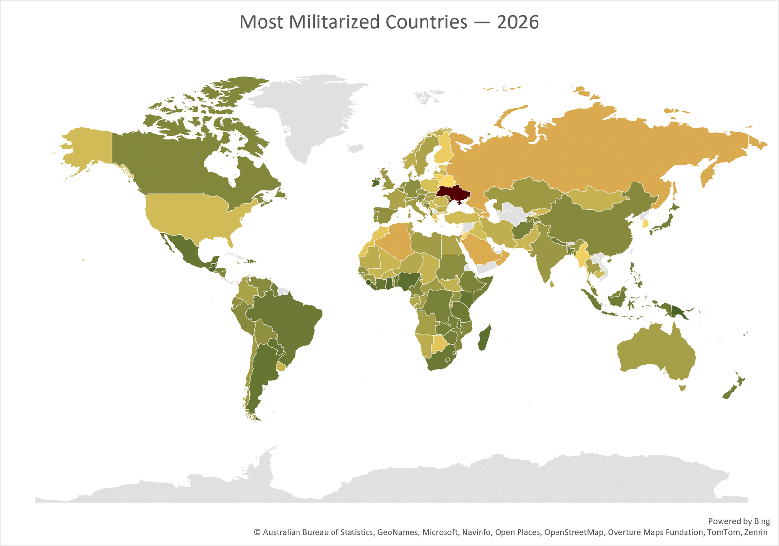 World map showing the most militarized countries in 2026, with color-coded countries illustrating global military strength, defense priorities, and differences in militarization across regions.