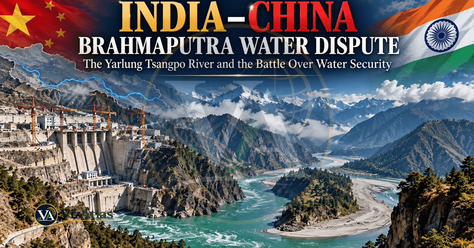 India–China Brahmaputra water dispute showing the Yarlung Tsangpo River, Himalayan mountains and upstream hydropower dam