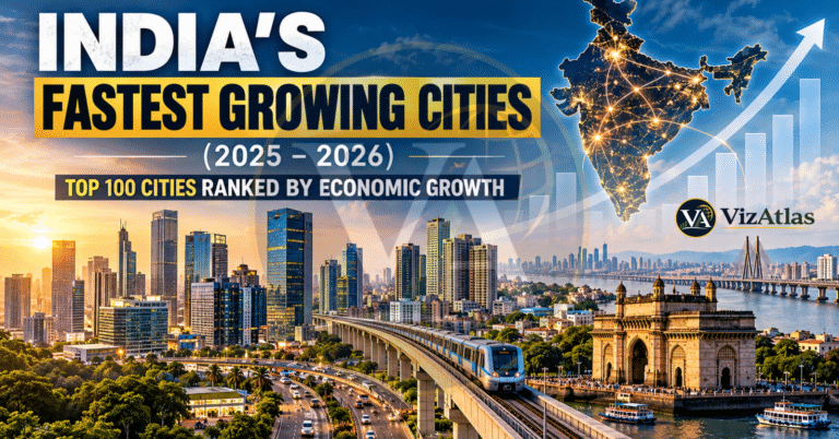India's fastest growing cities in 2025–2026, featuring a modern urban skyline, metro rail network, major infrastructure, India's illuminated map, and an upward growth chart representing economic development across Indian cities.