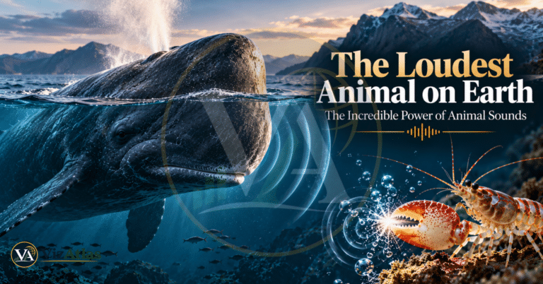 The loudest animal on Earth explained through a dramatic underwater scene featuring a sperm whale producing powerful clicks and a snapping shrimp generating sound waves, illustrating the incredible power of animal sounds in the ocean.