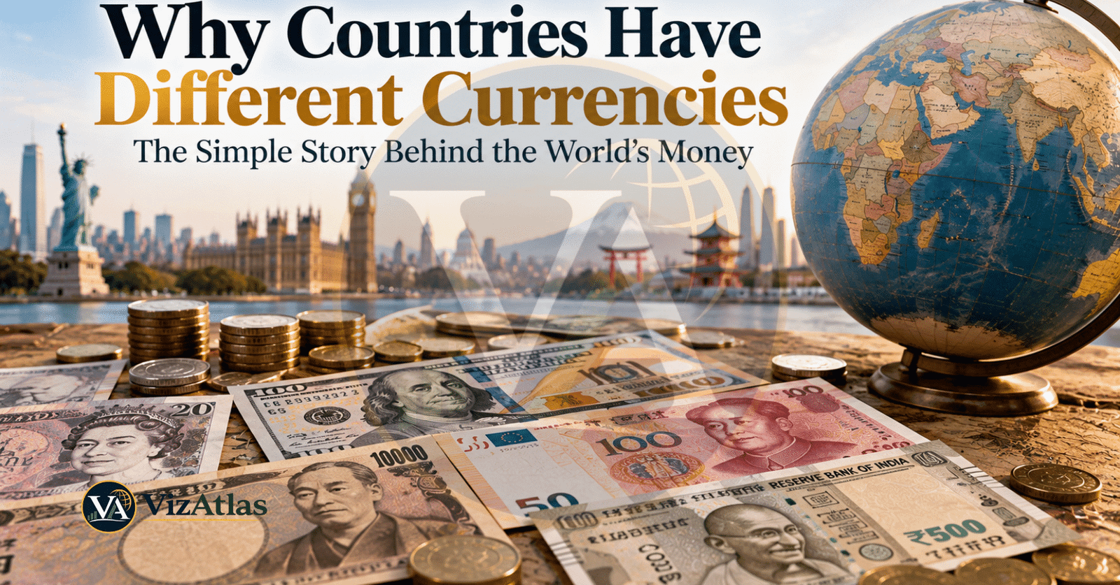 Why countries have different currencies, with global banknotes, coins, and a world globe