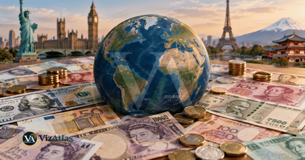 Global currencies and banknotes from different countries surrounding a globe, with iconic landmarks representing international finance, money, trade, and the world economy.