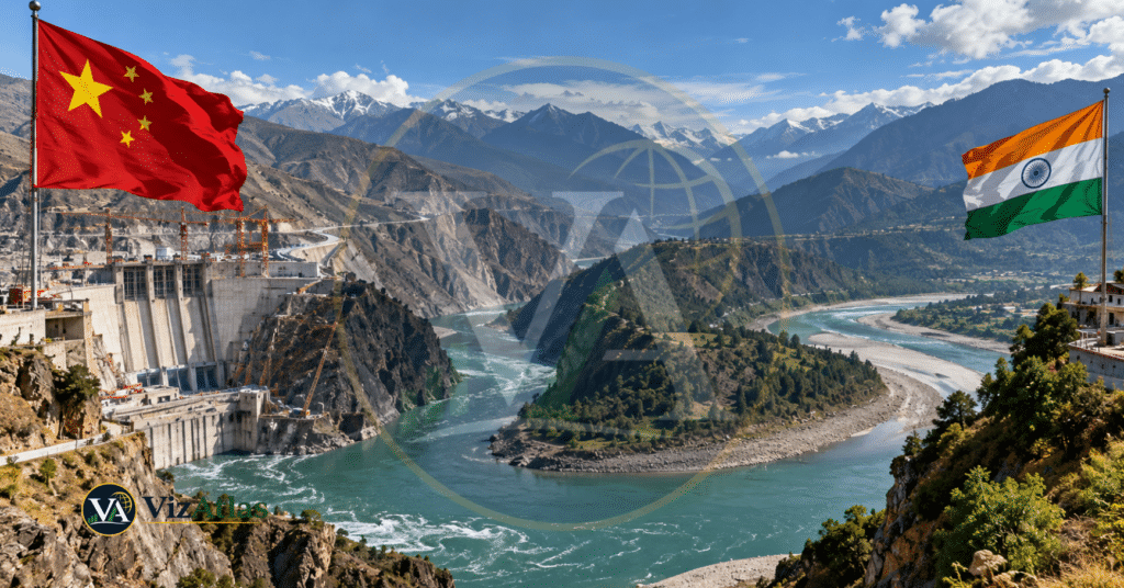 India–China Brahmaputra water dispute showing the Yarlung Tsangpo River, China–India border, hydropower dam and national flags