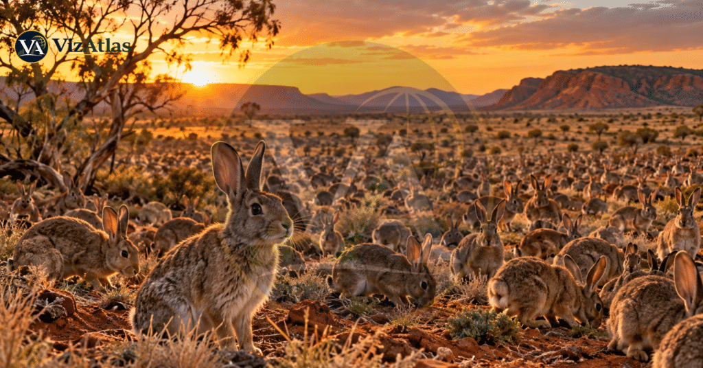 Rabbit invasion in Australia showing a large colony of rabbits across the Australian outback
