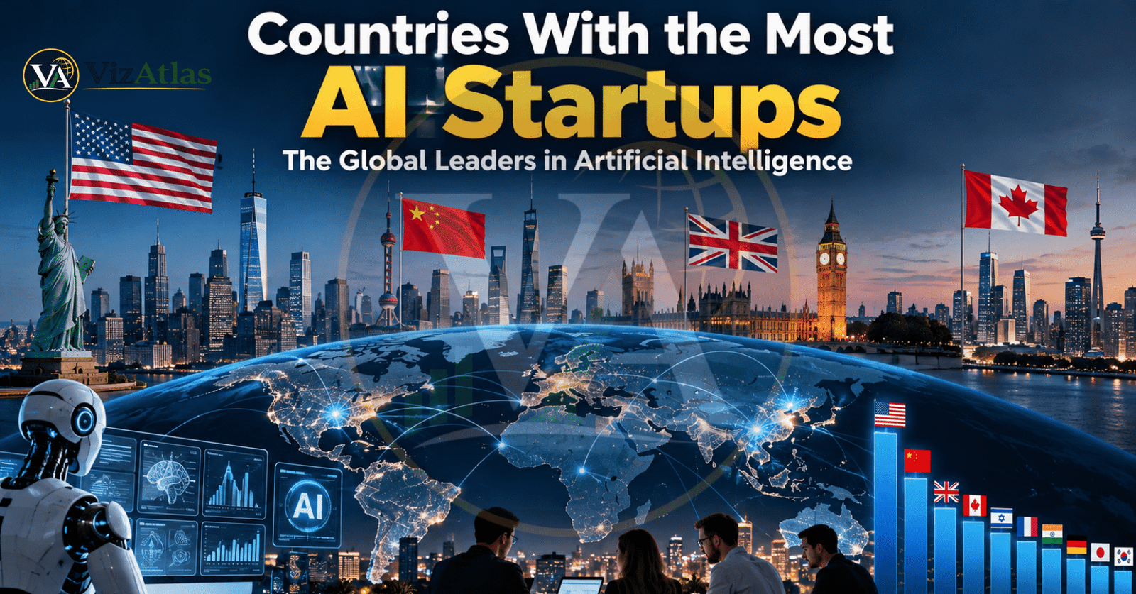 Countries with the most AI startups worldwide, featuring a global map, artificial intelligence technology, and leading innovation hubs in the United States, China, United Kingdom, Canada, and other major economies.