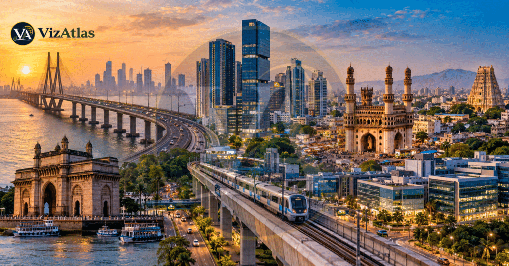 India's fastest-growing cities featuring modern skyscrapers, metro rail infrastructure, iconic heritage monuments, and urban development at sunset, illustrating India's rapid economic growth and urban transformation.