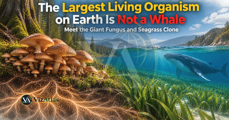 The largest living organism on Earth illustrated with giant fungus, underground fungal networks, seagrass meadows, and a whale, highlighting the surprising scale of life on Earth.