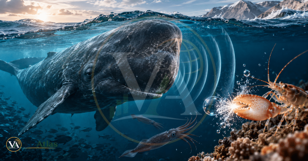 Sperm whale underwater producing powerful sound waves near a pistol shrimp and squid, illustrating the incredible power of animal sounds and how marine animals use sound for communication, hunting, and survival in the ocean.